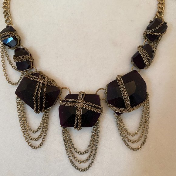 Dark Purple and Gold Chain Chunky Statement Necklace Adjustable - Picture 2 of 3